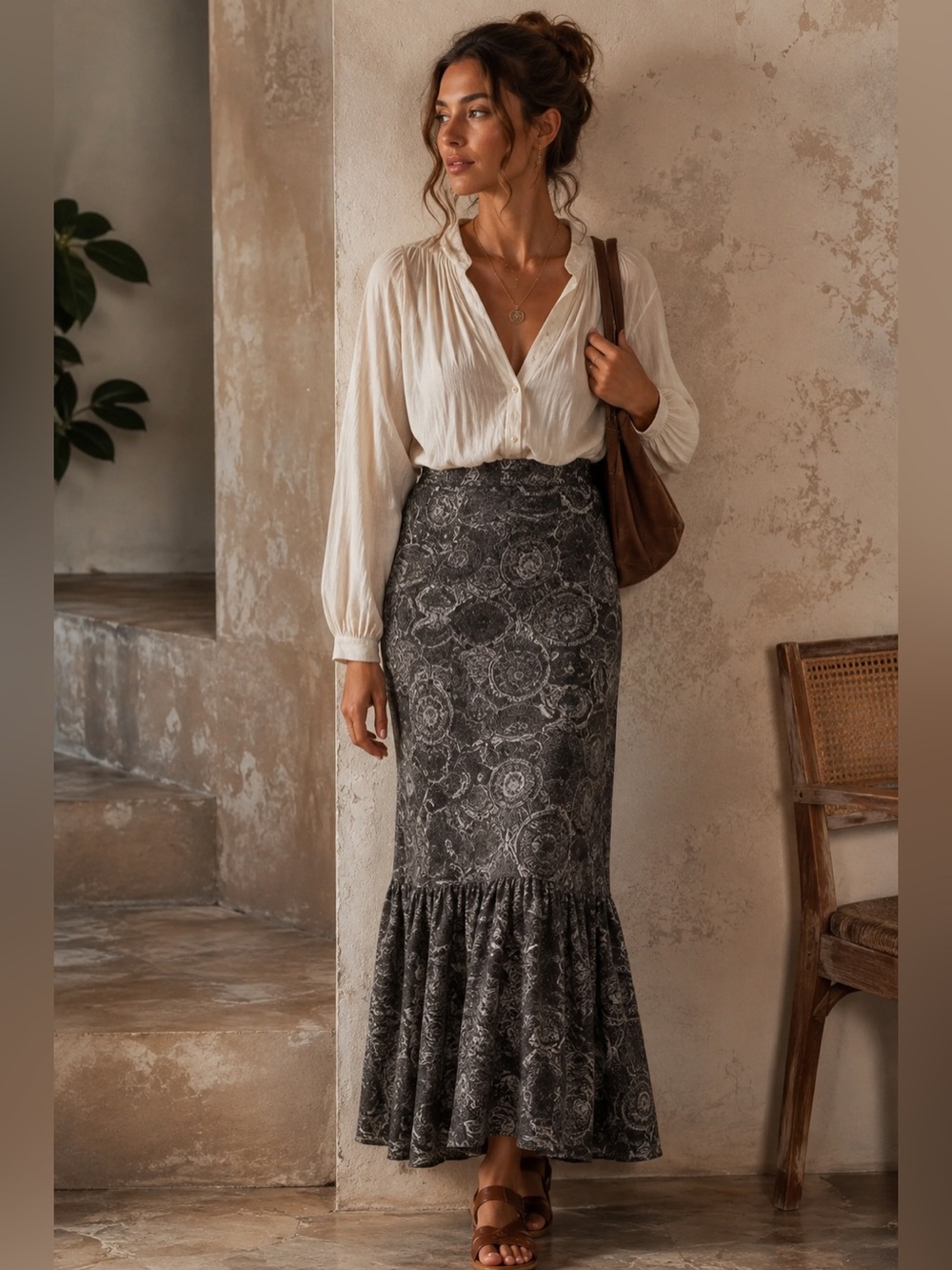 Anthropologie  Lil Silk Printed Maxi Skirt Size 0 Black  Ruffle Hem Pockets $168